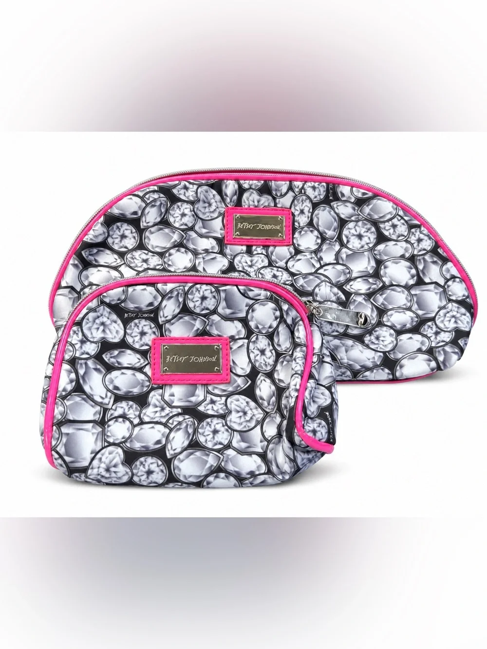 Betsey Johnson Black & Hot Pink Gem-Print Cosmetic Bag Duo